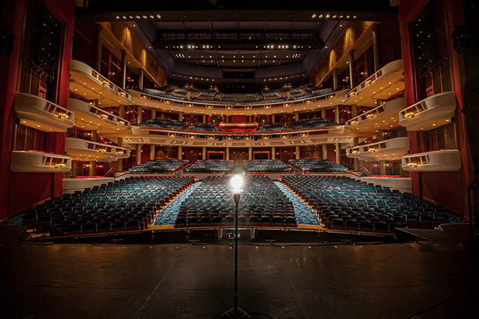 Au-Rene Theater at the Broward Center with a ghost light on stage.